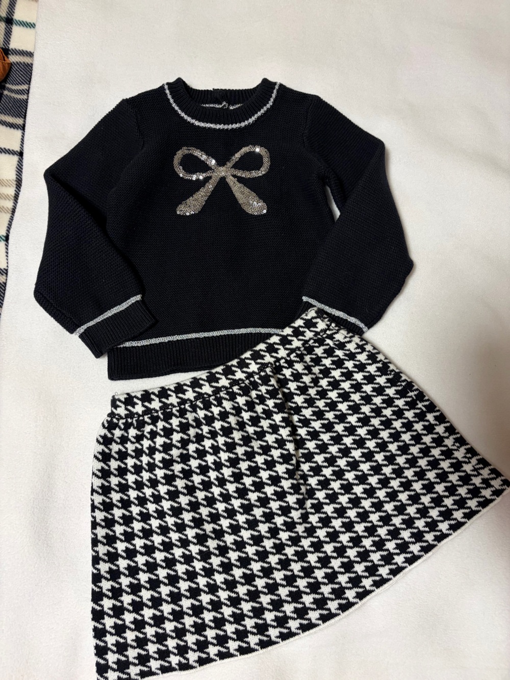 Girls Black Sweater & Houndstooth Skirt Matching Set with Silver Bow